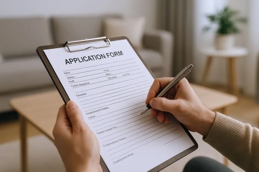tenant-completing-a-rental-application-after-weighing-notice-to-vacate-vs-eviction-options