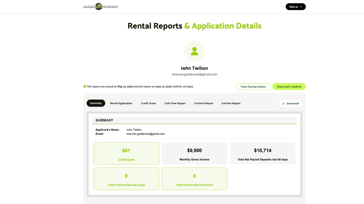 Sample report illustration for Section 2 (Rental Report Summary) from LeaseRunner