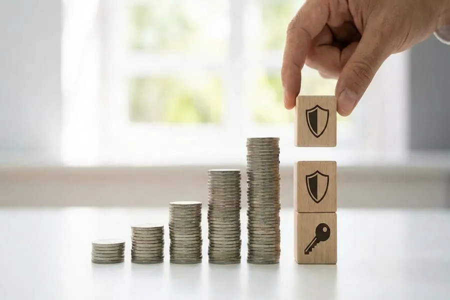 Stacked coins with security and key icons representing security deposit costs after rental application is approved.