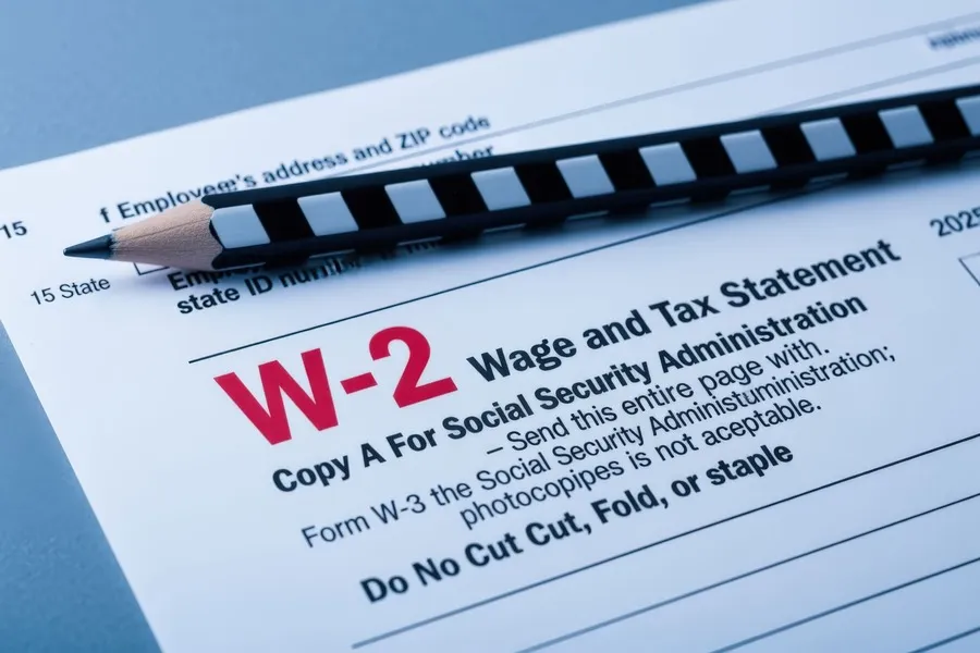 W-2 Wage and Tax Statement form with pencil, checking employer details to spot a fake W-2.