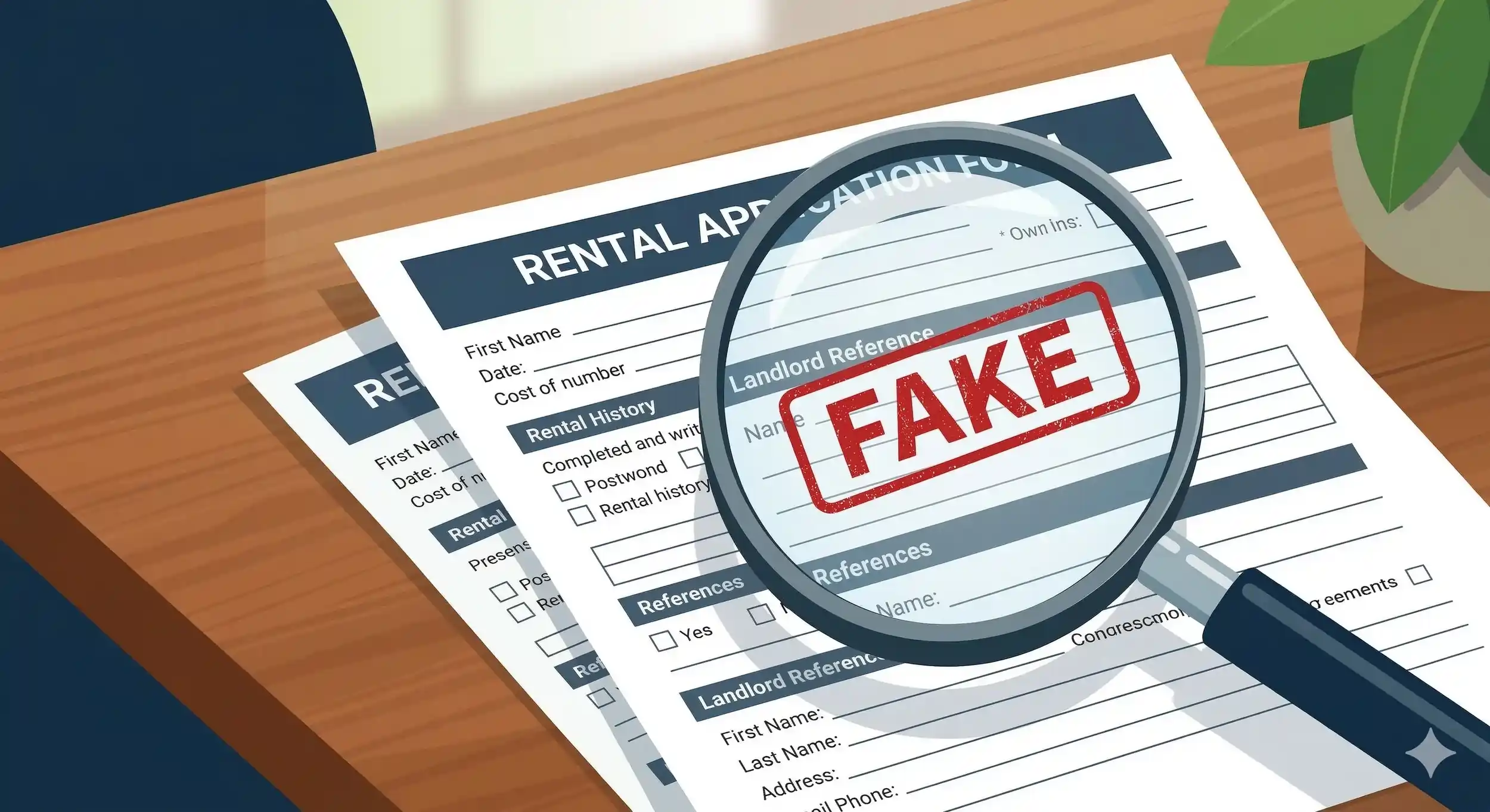A magnifying glass highlighting a red fake stamp on the landlord reference section of a rental application form