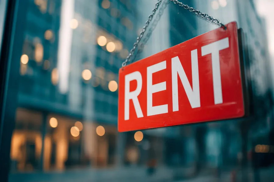 Red rent sign on commercial property window highlighting free rental history screening.&nbsp;