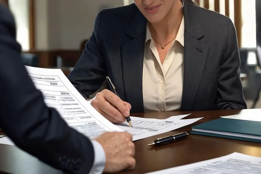 Property manager reviewing a portable tenant screening report with a rental applicant.