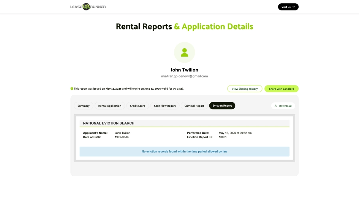 Sample report illustration for Section 5 (Eviction History) from LeaseRunner