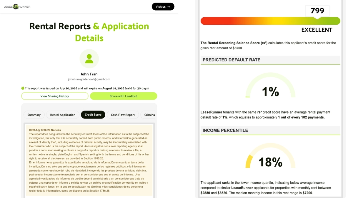 Sample report illustration for Section 3 (Credit Score) from LeaseRunner