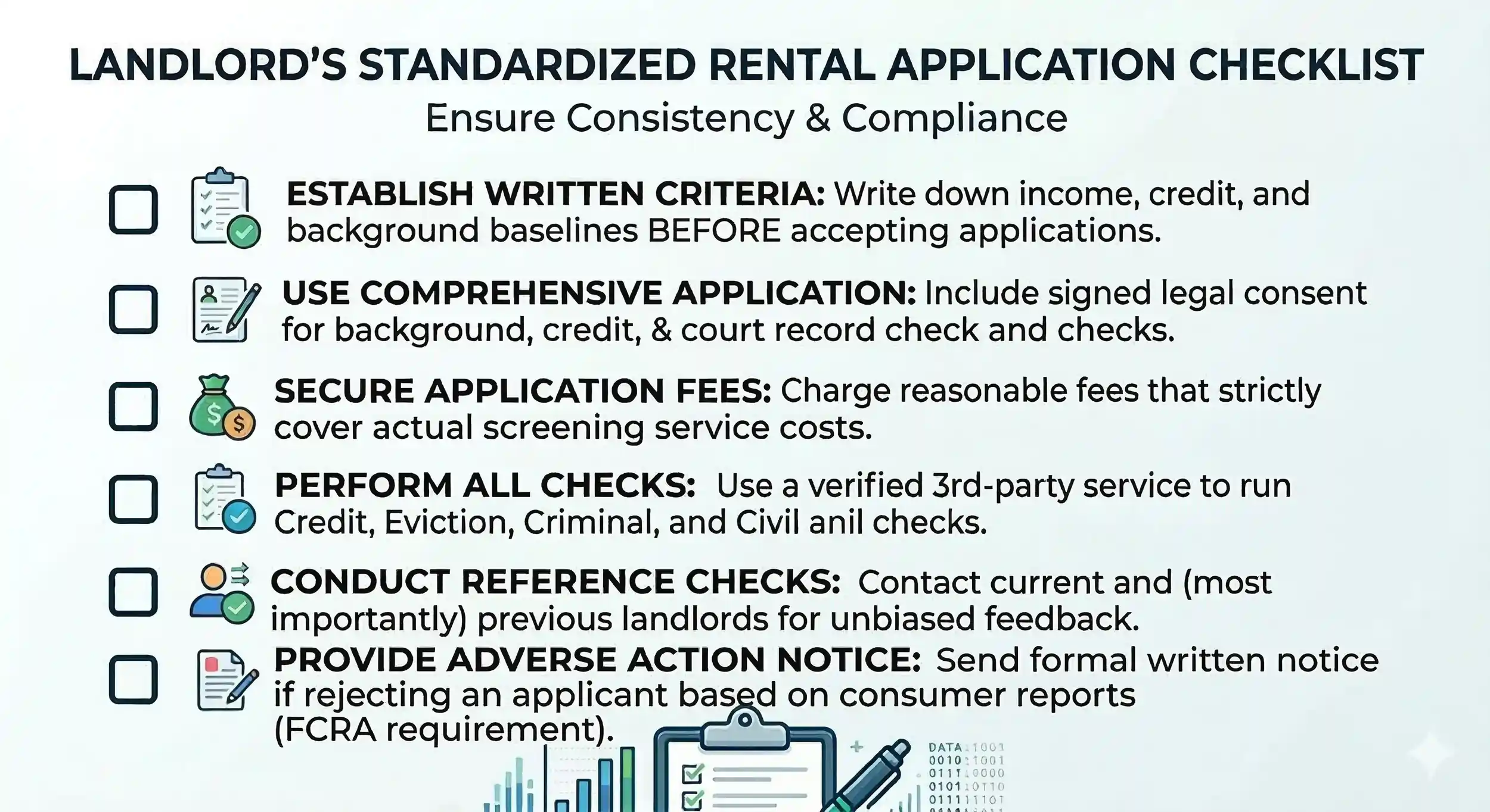 A compliance checklist for landlords detailing six key steps for processing standard rental applications