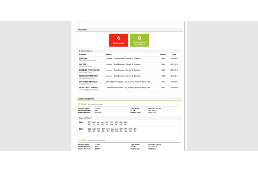 How to read credit report inquiries and tradeline history.