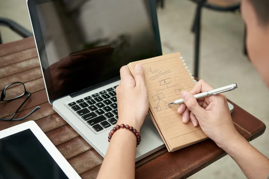 Landlord sketching a step-by-step plan in a notebook for the turnover process