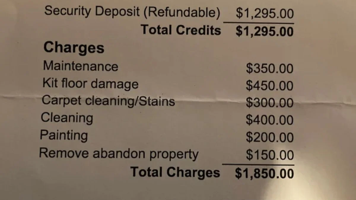 Disposition letter from a landlord details deposit deductions and refund